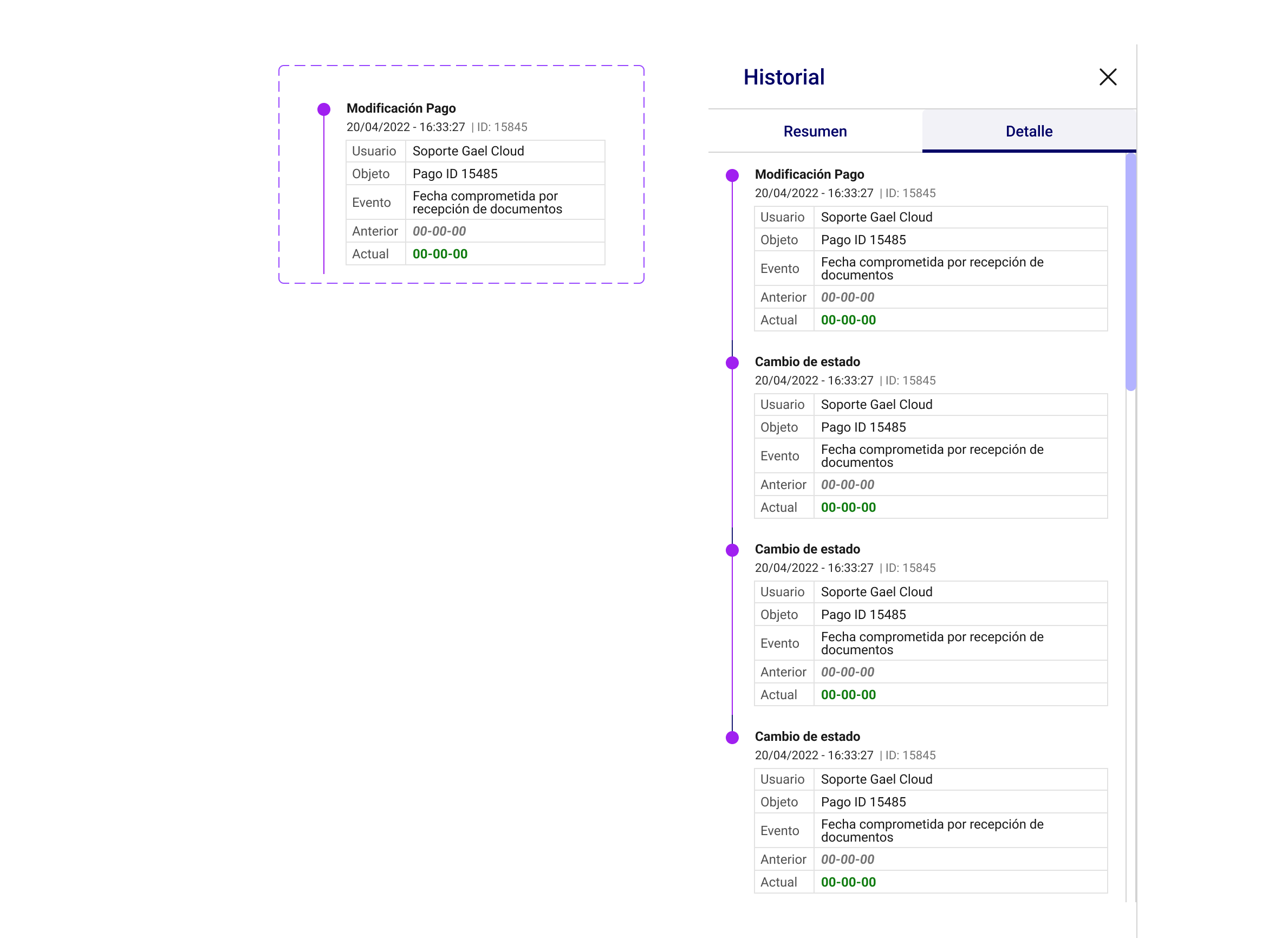 Componente Historial del sistema de diseño ERP